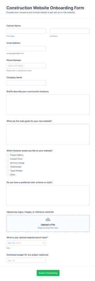 Construction Website Onboarding Form Template