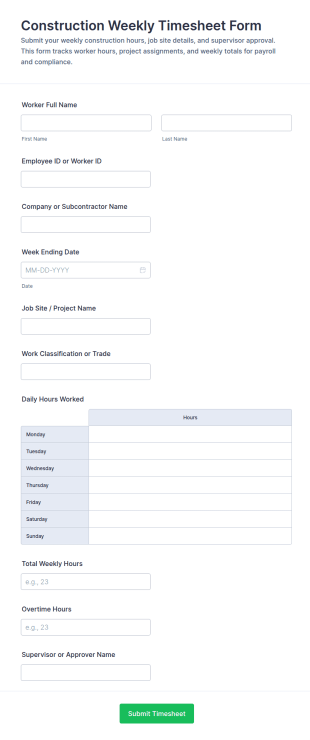 Construction Weekly Timesheet Form Template