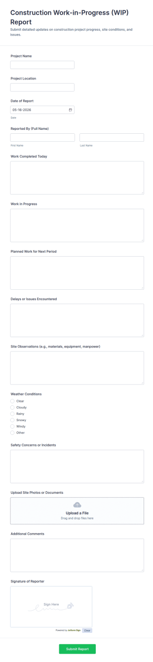 Construction Work In Progress (WIP) Report Form Template