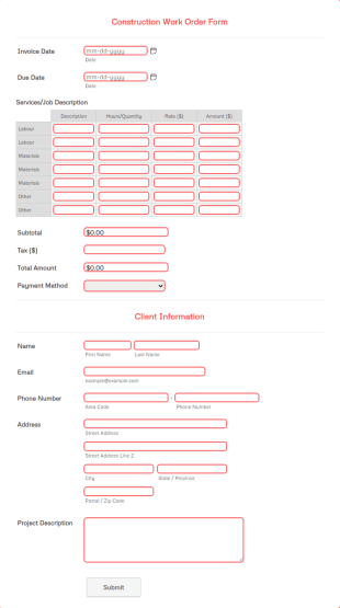 Construction Work Order Form Template