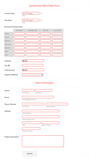 Construction Work Order Form Template