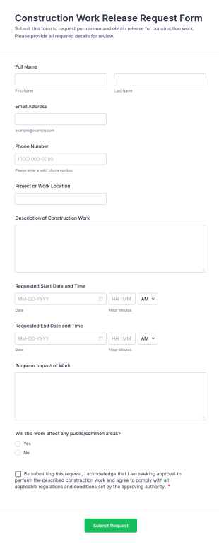 Construction Work Release Request Form Template