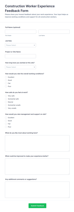 Construction Worker Experience Feedback Form Template
