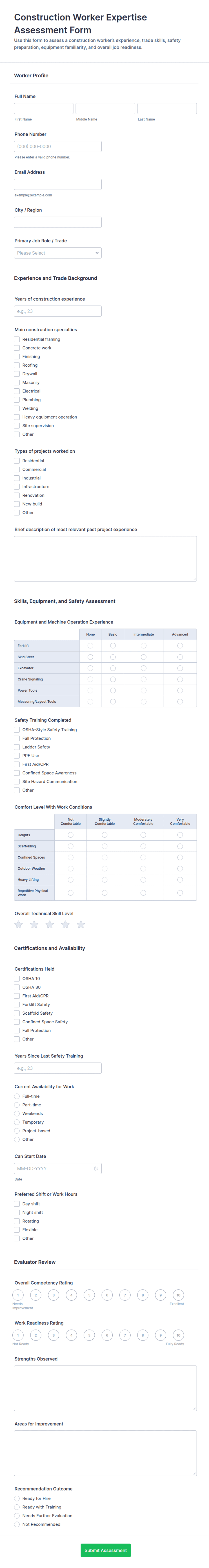 Construction Worker Expertise Assessment Form Template | Jotform