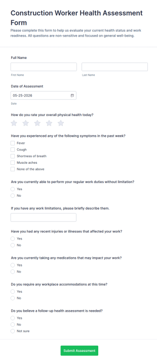 Construction Worker Health Assessment Form Template