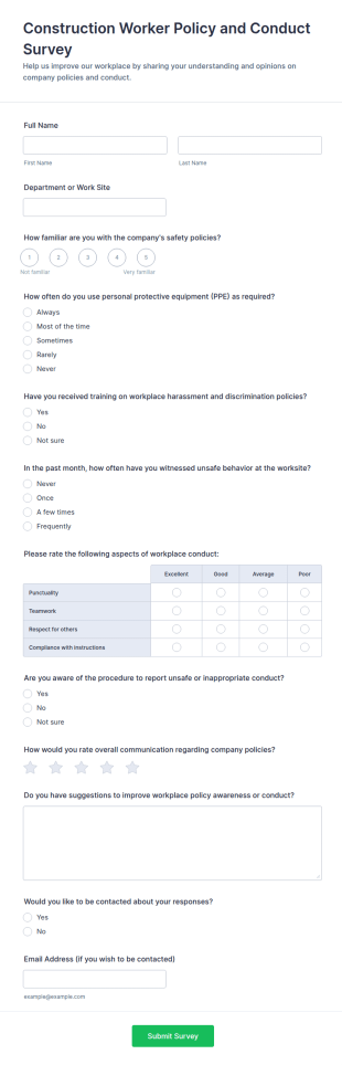 Construction Worker Policy And Conduct Survey Form Template