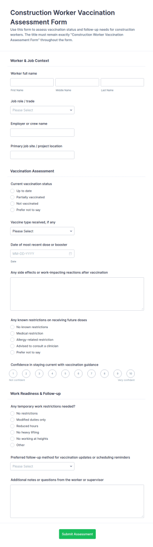 Construction Worker Vaccination Assessment Form Template