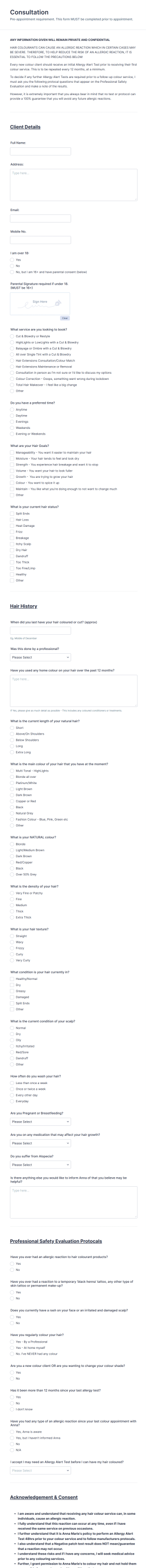 Hair Service Pre Appointment Waiver Form Template