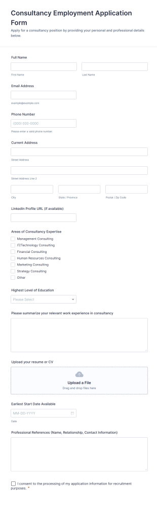 Consultancy Employment Application Form Template