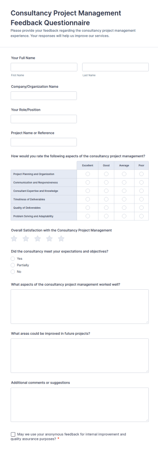 Consultancy Project Management Feedback Questionnaire Form Template