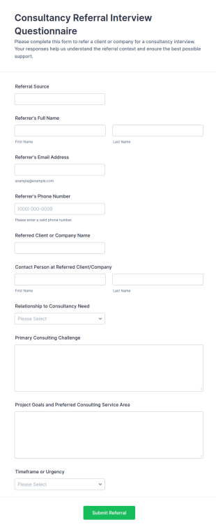 Consultancy Referral Interview Questionnaire Form Template