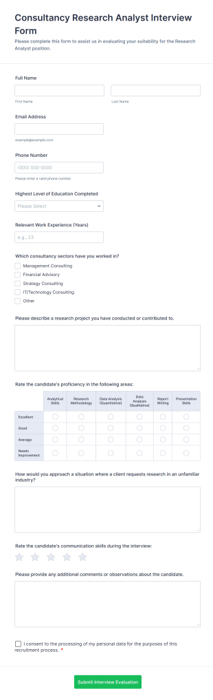 Consultancy Research Analyst Interview Form Form Template