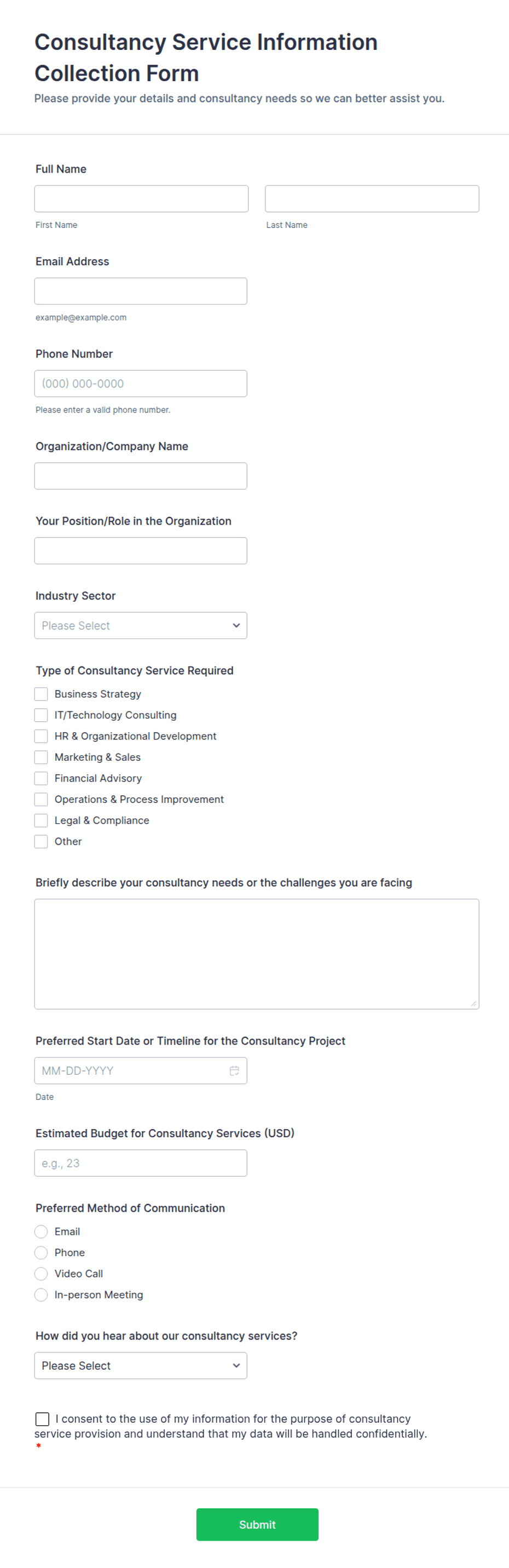 Consultancy Service Information Collection Form Template | Jotform