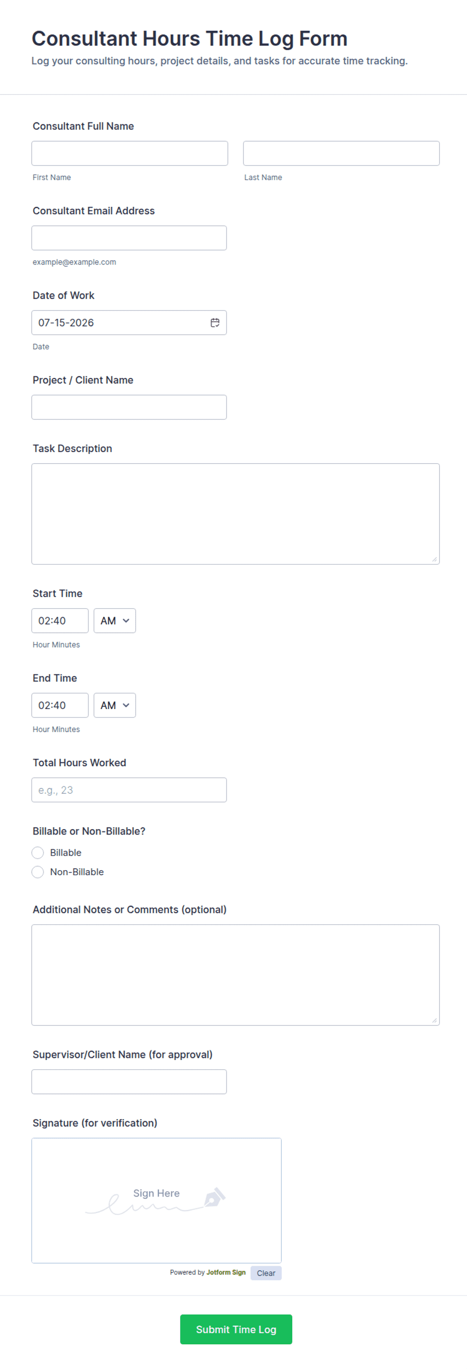 Consultant Hours Time Log Form Template | Jotform