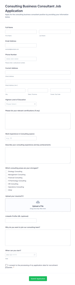 Consulting Business Consultant Job Application Form Template