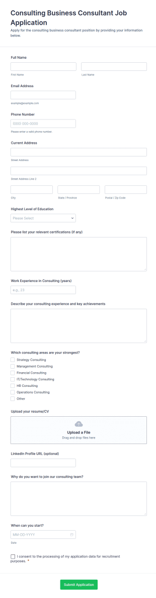 Consulting Business Consultant Job Application Form Template