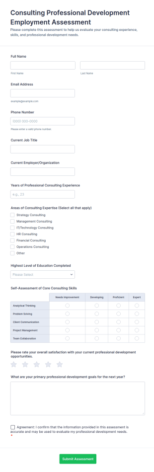 Consulting Professional Development Employment Assessment Form Template