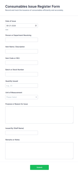 Consumables Issue Register Form Template