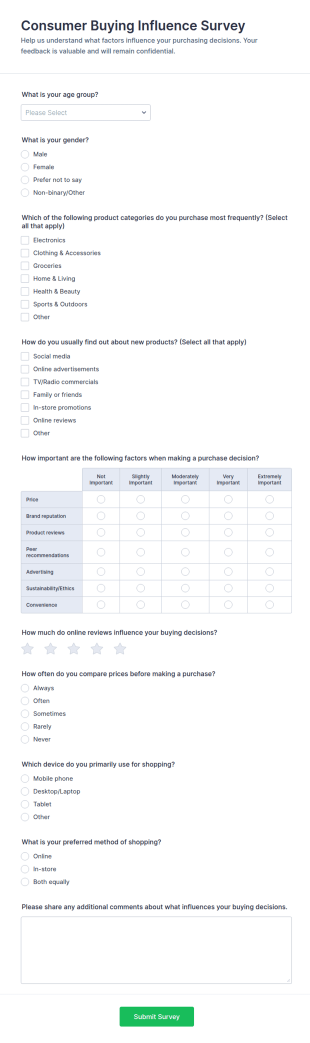 Consumer Buying Influence Survey Form Template