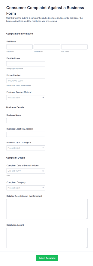 Consumer Complaint Against A Business Form Template