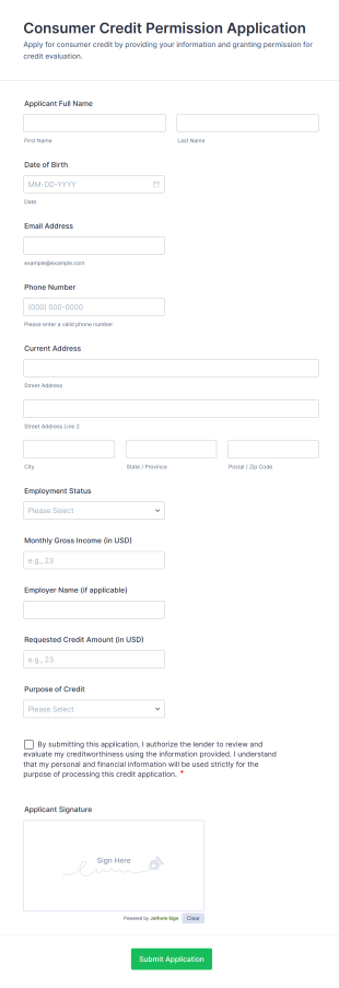 Consumer Credit Permission Application Form Template