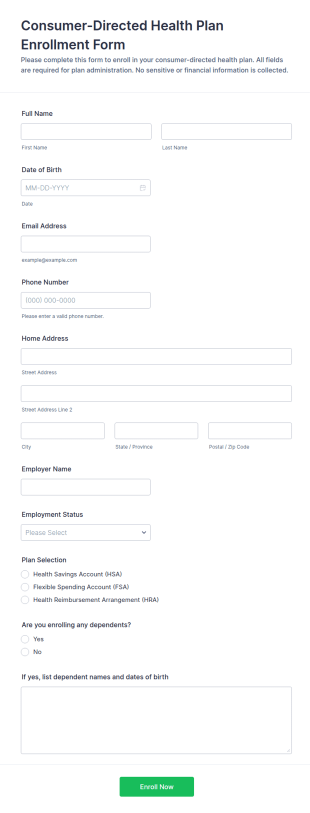 Consumer Directed Health Plan Enrollment Form Template