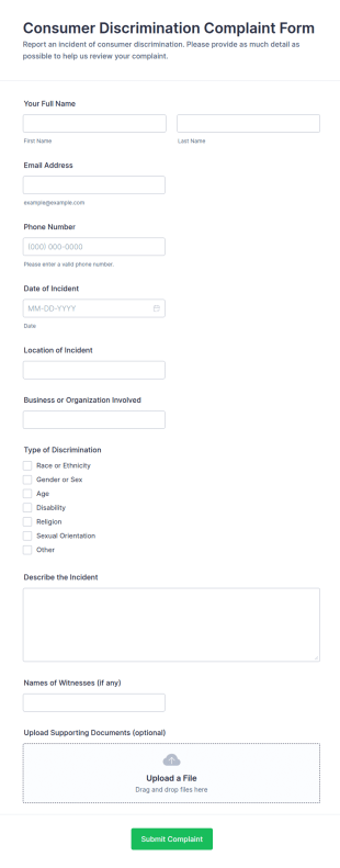 Consumer Discrimination Complaint Form Template