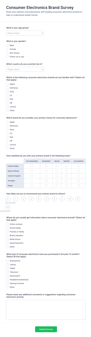 Consumer Electronics Brand Survey Form Template