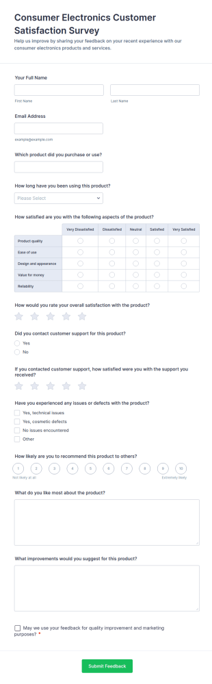 Consumer Electronics Customer Satisfaction Survey Form Template