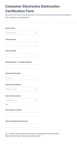 Consumer Electronics Destruction Certification Form Template