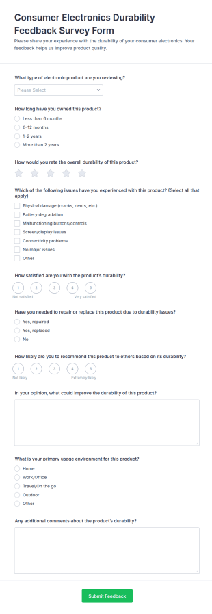 Consumer Electronics Durability Feedback Form Template