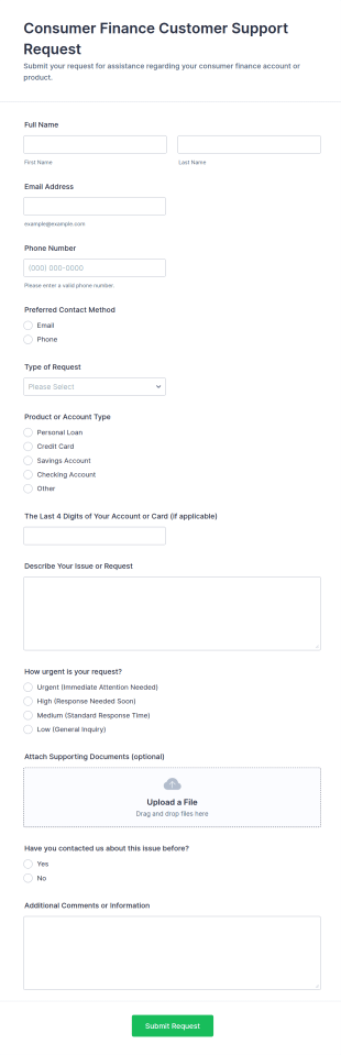 Consumer Finance Customer Support Request Form Template