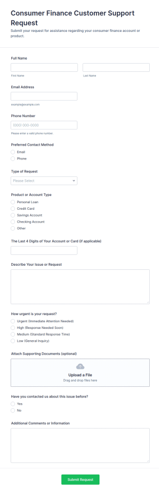 Consumer Finance Customer Support Request Form Template