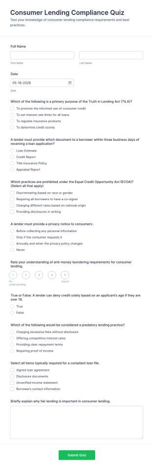 Consumer Lending Compliance Quiz Form Template