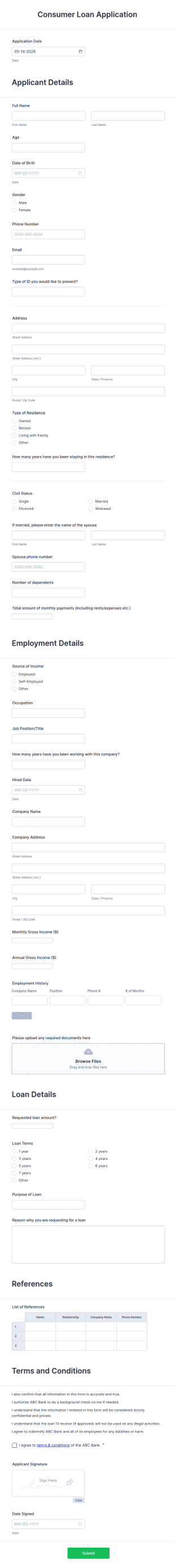 Consumer Loan Application Form Template