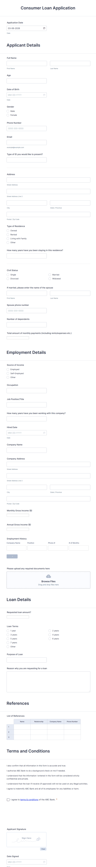 Consumer Loan Application Form Template