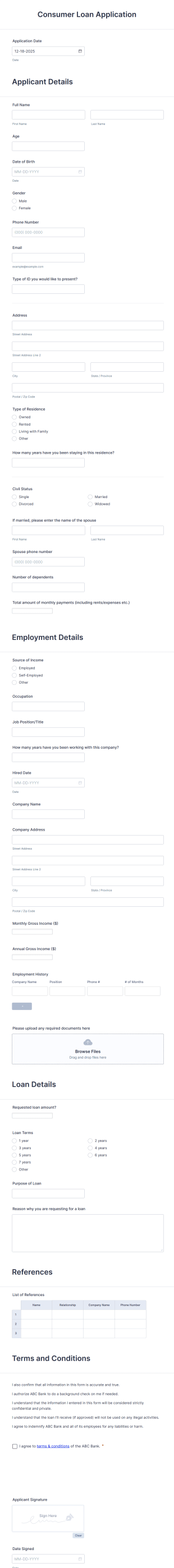 Consumer Loan Application Form Template