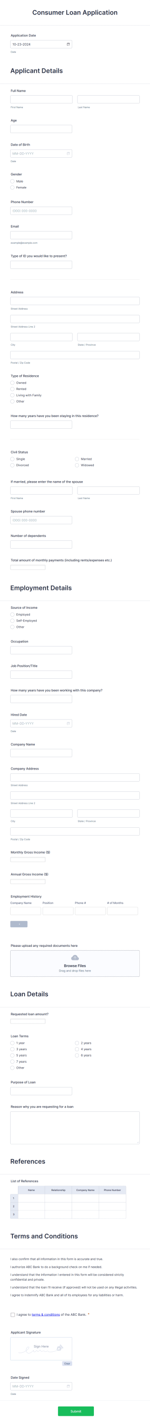 Consumer Loan Application Form Template