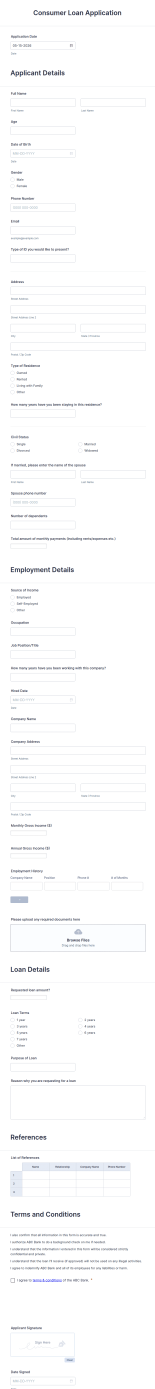 Consumer Loan Application Form Template