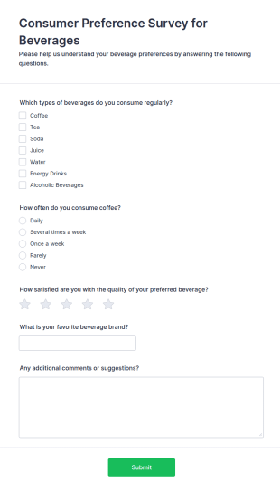 Consumer Preference Survey For Beverages Form Template
