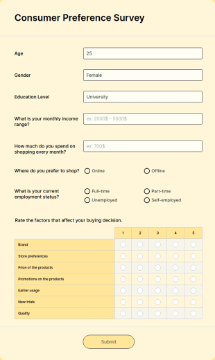 Consumer Preference Survey Form Template