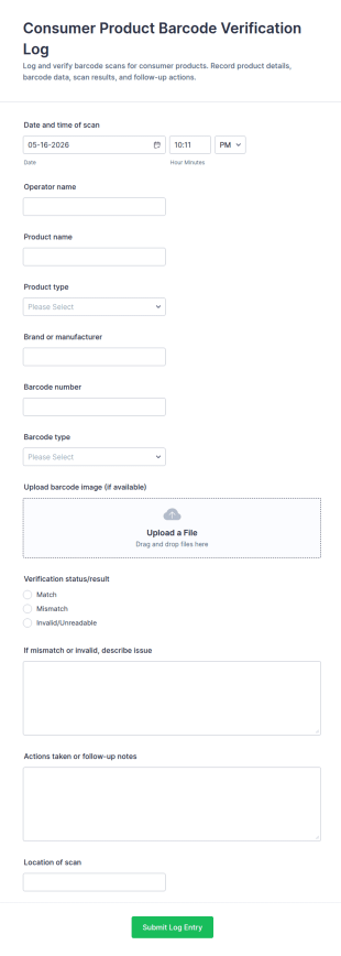 Consumer Product Barcode Verification Log Form Template