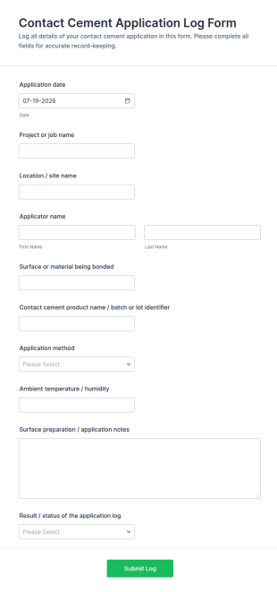 Contact Cement Application Log Form Template