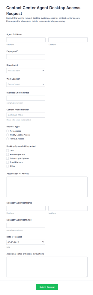 Contact Center Agent Desktop Access Request Form Template