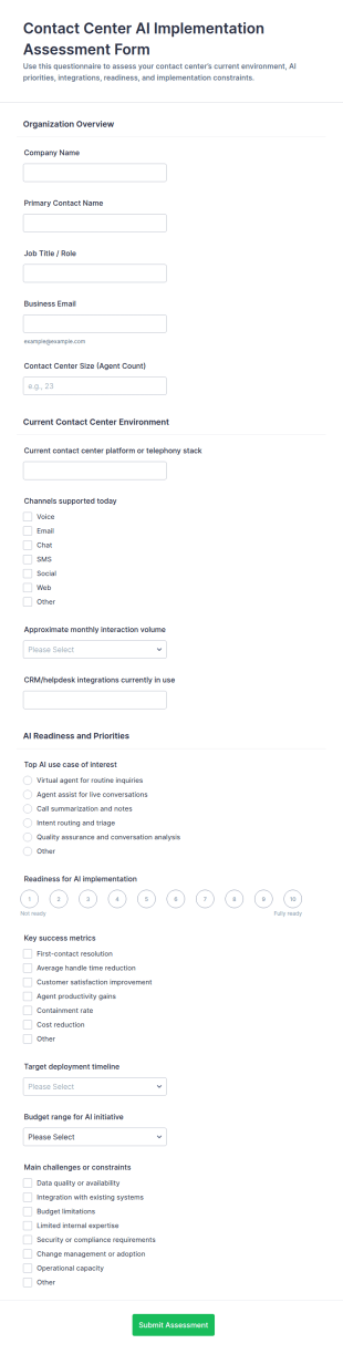 Contact Center AI Implementation Assessment Questionnaire Form Template