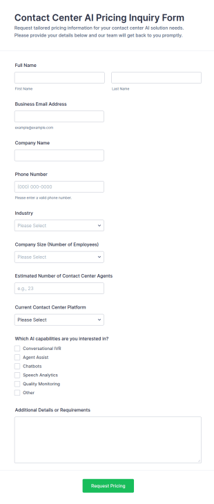 Contact Center AI Pricing Inquiry Form Template
