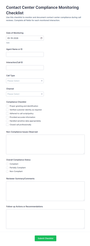 Contact Center Compliance Monitoring Checklist Form Template