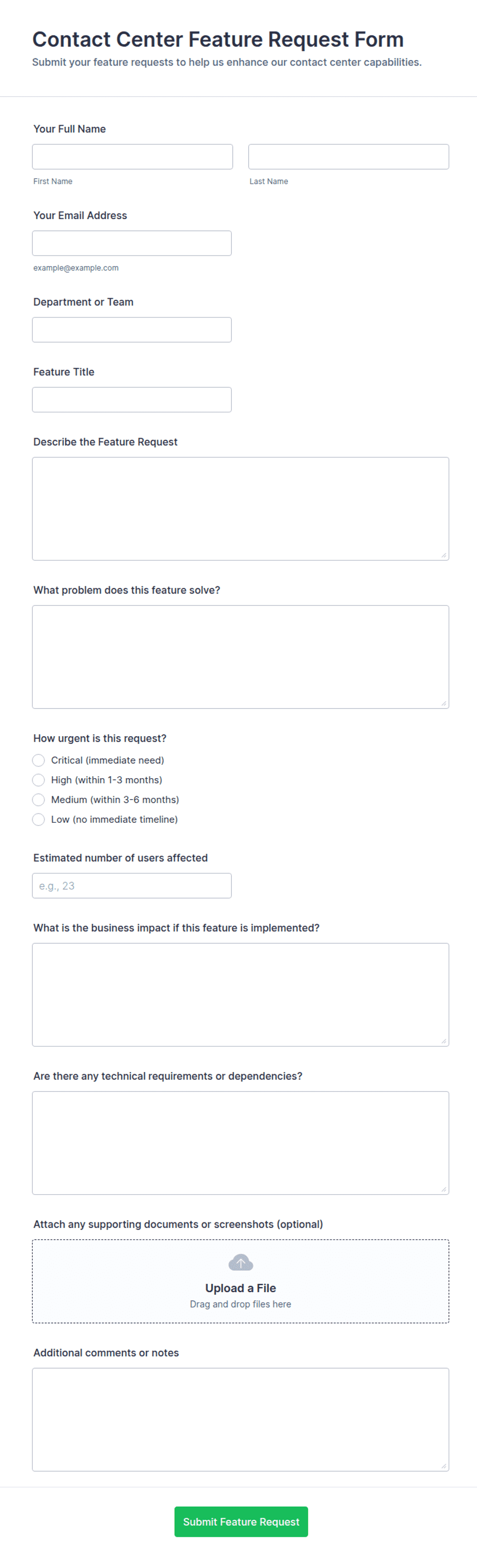 Feature Form.pdf Contact Center Feature Request Form Template | Jotform