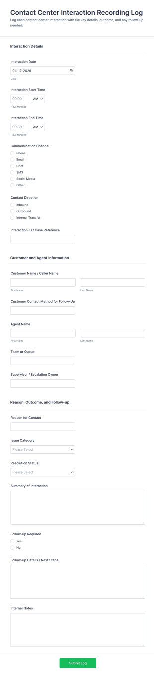 Contact Center Interaction Recording Log Form Template