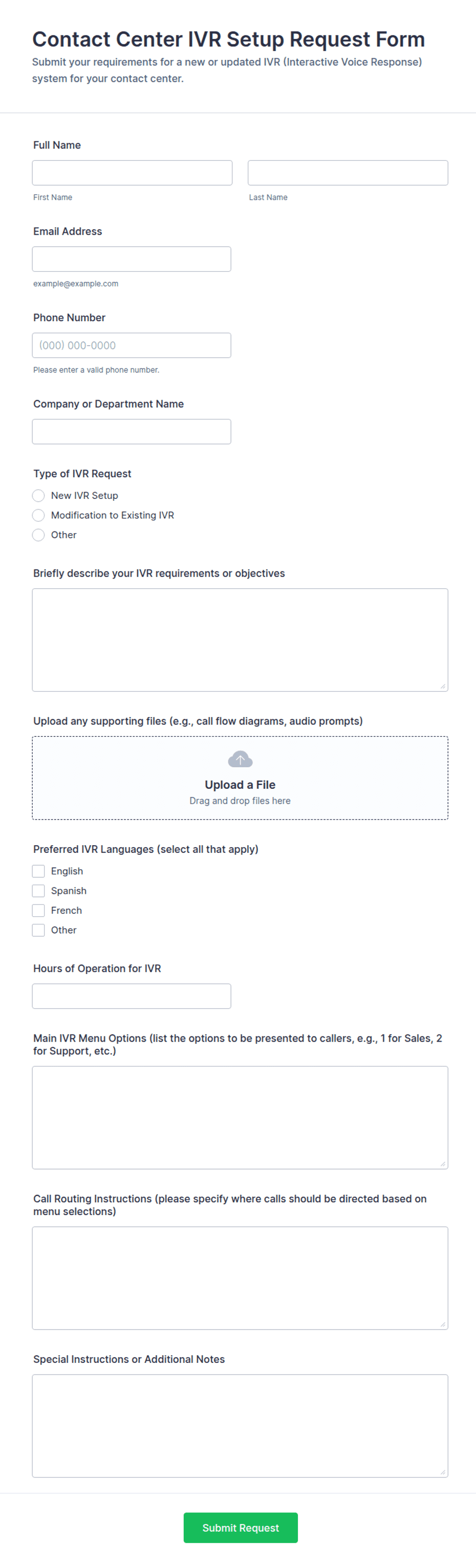 Contact Center IVR Setup Request Form Template | Jotform
